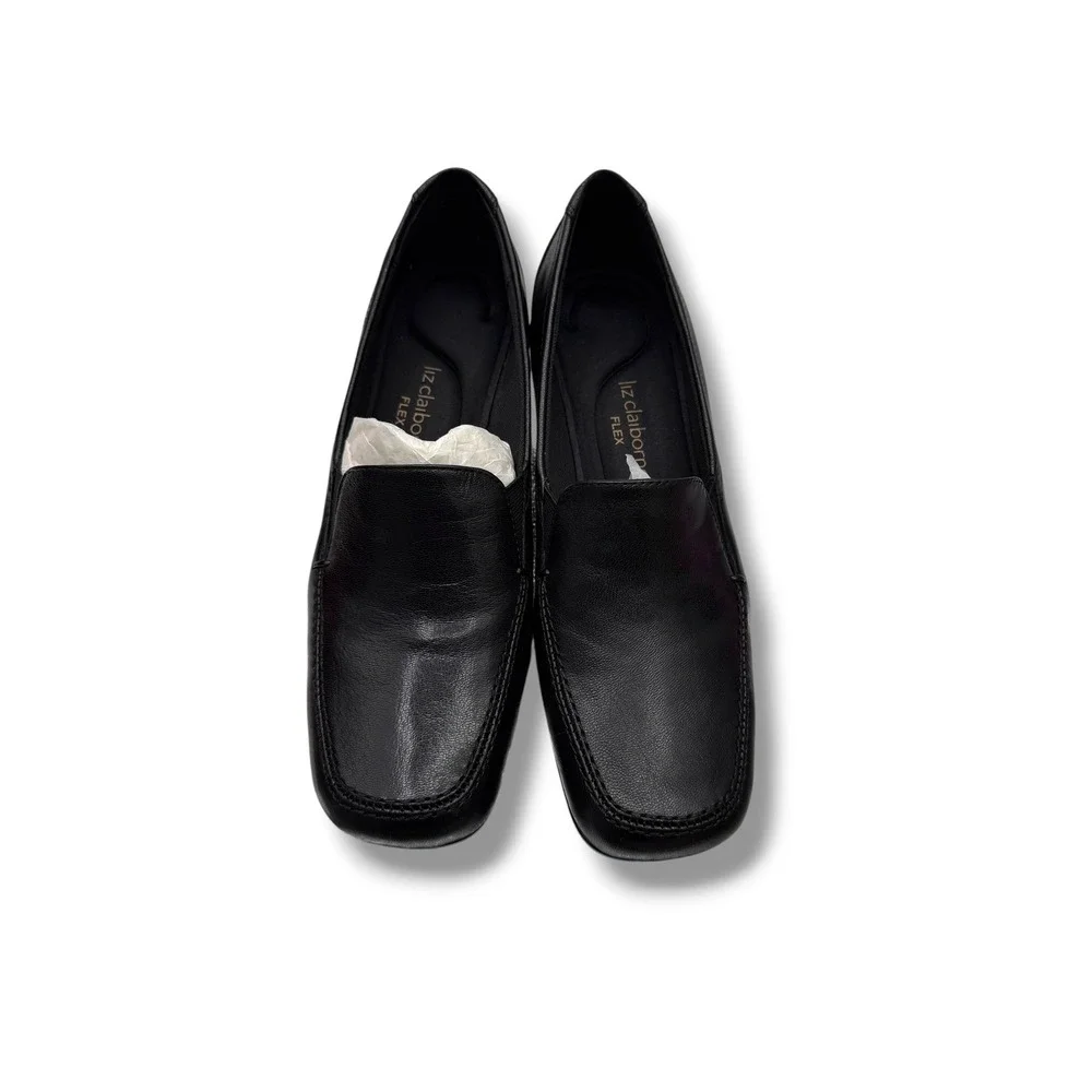 Vintage Liz Claiborne Black Leather Wedge Loafers 7.5 Square Toe Comfort Y2K NEW